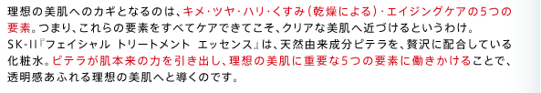 ���z�̔����ւ̃J�M�ƂȂ�̂́A�L���E�c���E�n���E�����݁i�����ɂ��j�E�G�C�W���O�P�A��5�̗v�f�B�܂�A�����̗v�f�����ׂăP�A�ł��Ă����A�N���A�Ȕ����֋߂Â���Ƃ����킯�BSK-II�w�t�F�C�V���� �g���[�g�����g �G�b�Z���X�x�́A�V�R�R�������s�e�����A�ґ�ɔz�����Ă��鉻�ϐ��B�s�e�������{���̗͂������o���A���z�̔����ɏd�v��5�̗v�f�ɓ��������邱�ƂŁA���������ӂ�闝�z�̔����ւƓ����̂ł��B